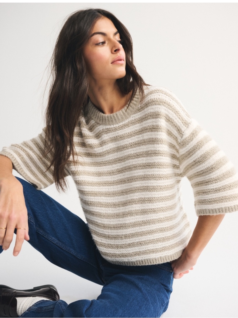 Abercrombie & Fitch Cream and Beige Striped Crewneck Sweater